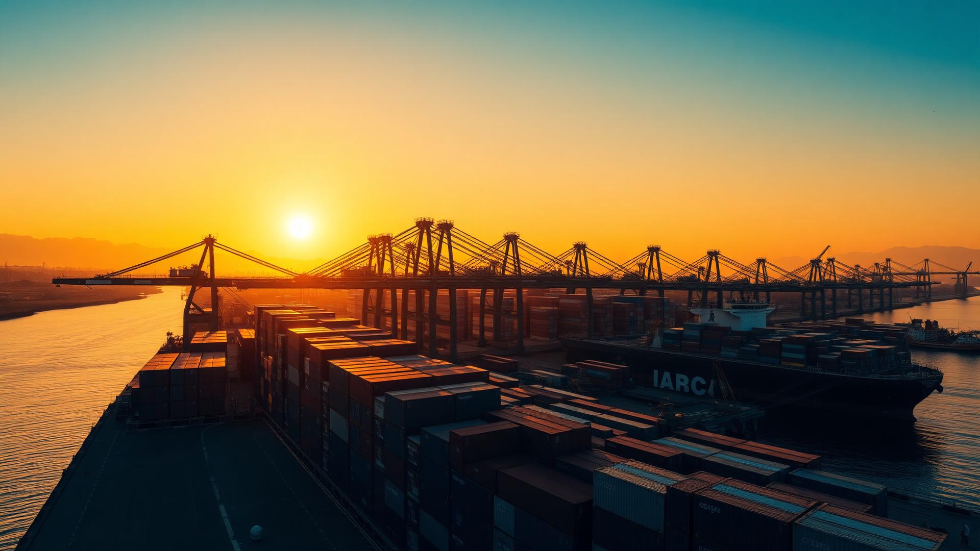 Global shipping port at golden hour